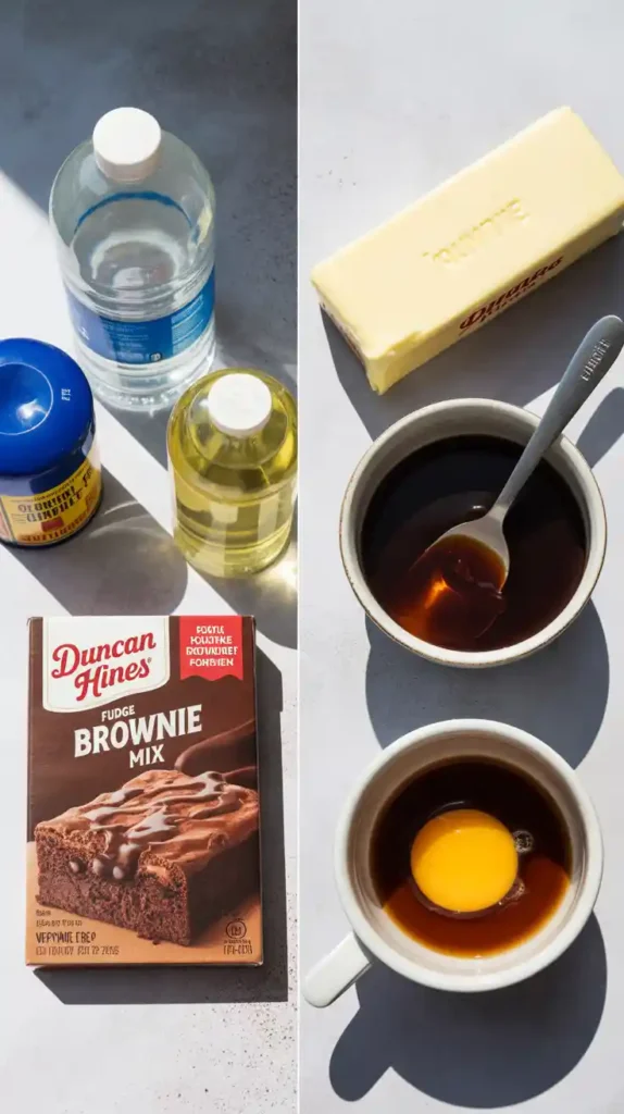 A collage comparing the standard brownie mix ingredients (water, oil) with the upgrade ingredients (butter, coffee, extra egg yolk).
