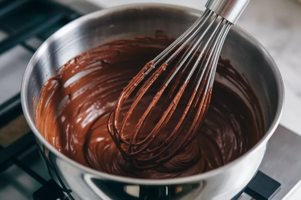Mixing brownie batter for shiny crust