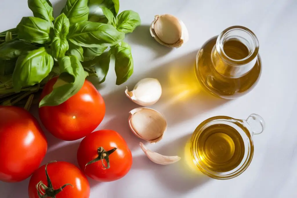 Fresh tomatoes, basil, garlic, and olive oil, key ingredients for bruschetta dip.