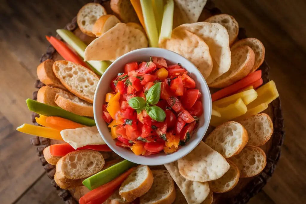 A bowl of bruschetta dip surrounded by toasted baguette slices and pita chips.