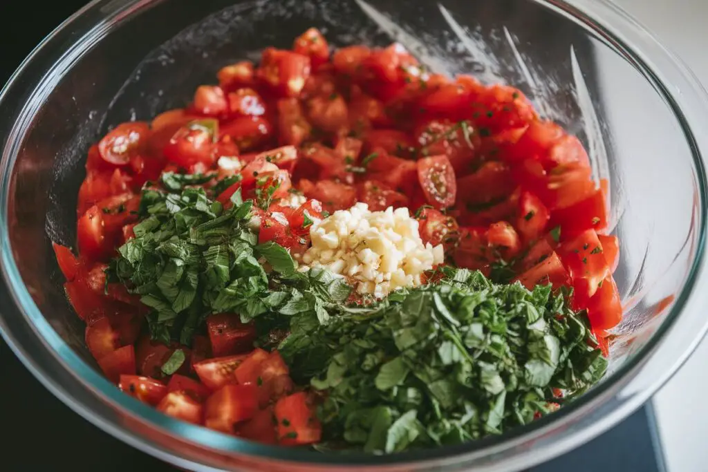 Diced tomatoes, chopped basil, and minced garlic tossed with olive oil in a mixing bowl.