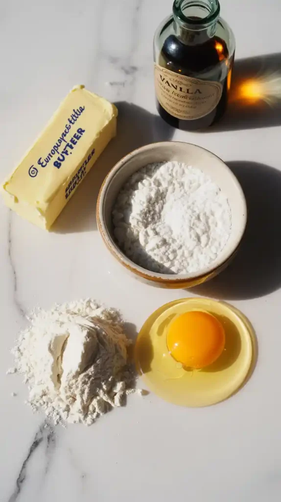 A flat lay photo showing the ingredients for butter cookies: butter, powdered sugar, flour, an egg yolk, and vanilla extract.