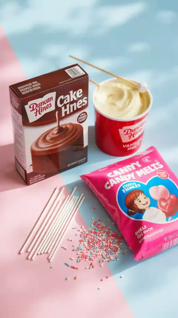 A flat lay photo showing the essential ingredients for making easy cake pops: a box of cake mix, a can of frosting, a bag of candy melts, and lollipop sticks.