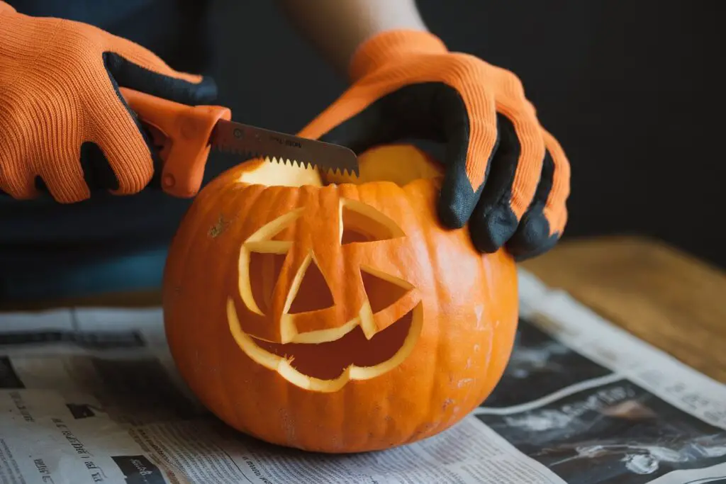 Hands carving a simple geometric shape into a pumpkin with a small saw.