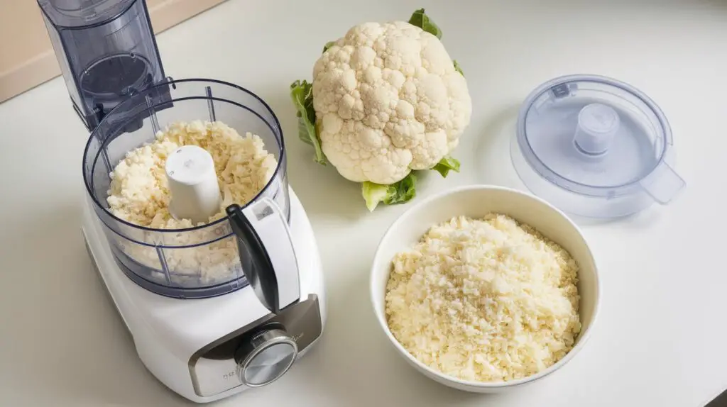 Ingredients and tools for making cauliflower rice, including a whole cauliflower, food processor, and bowl of riced cauliflower.
