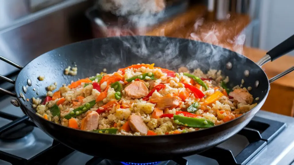 Colorful cauliflower rice stir-fried with vegetables and chicken in a wok.