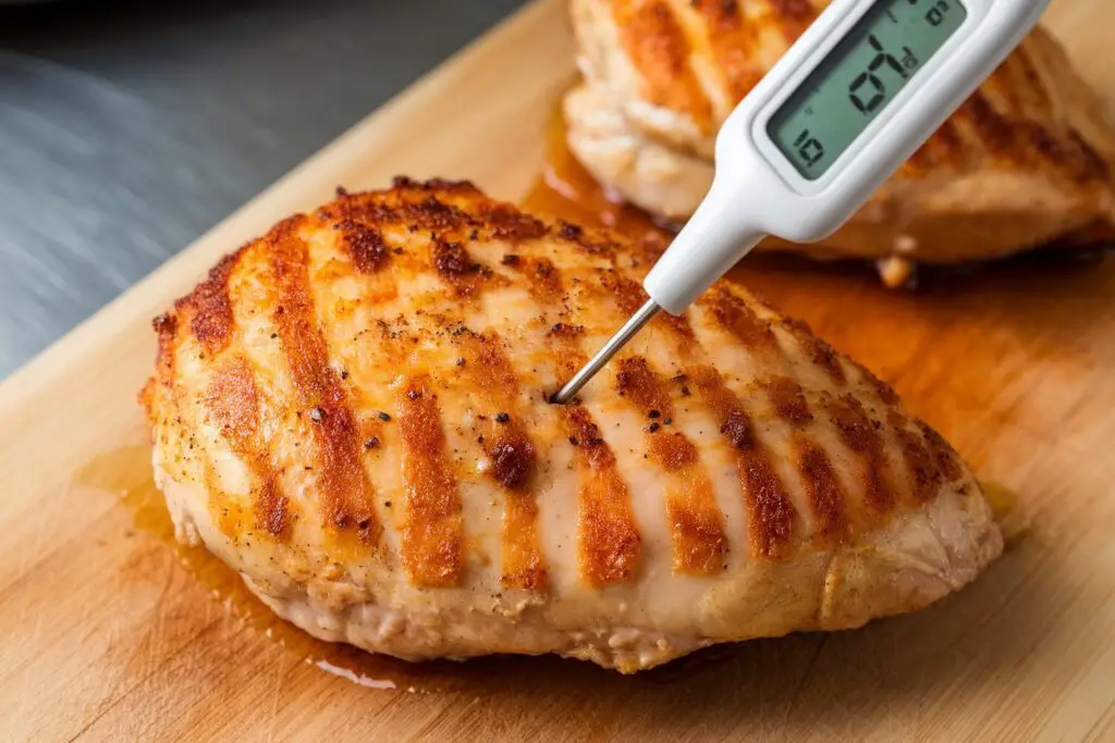 A cooked air-fried chicken breast with a thermometer showing 165°F, indicating it's done.