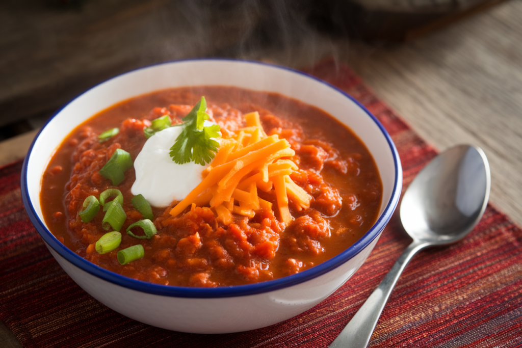 Bowl of finished crockpot chili with toppings