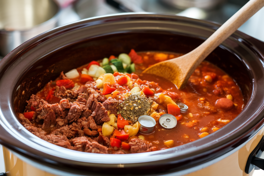 Chili ingredients combined in crockpot