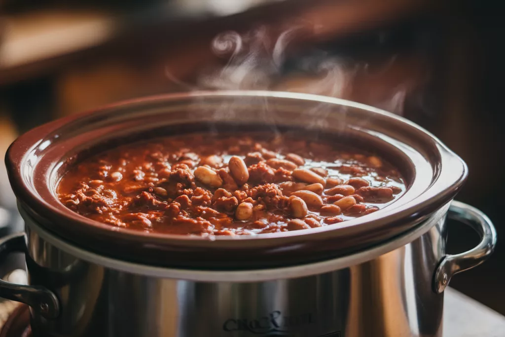 Crockpot filled with simmering chili