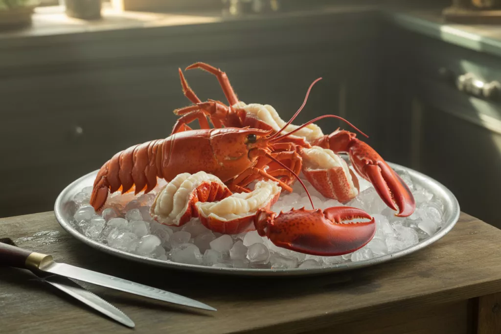 Cold cracked lobster pieces on ice