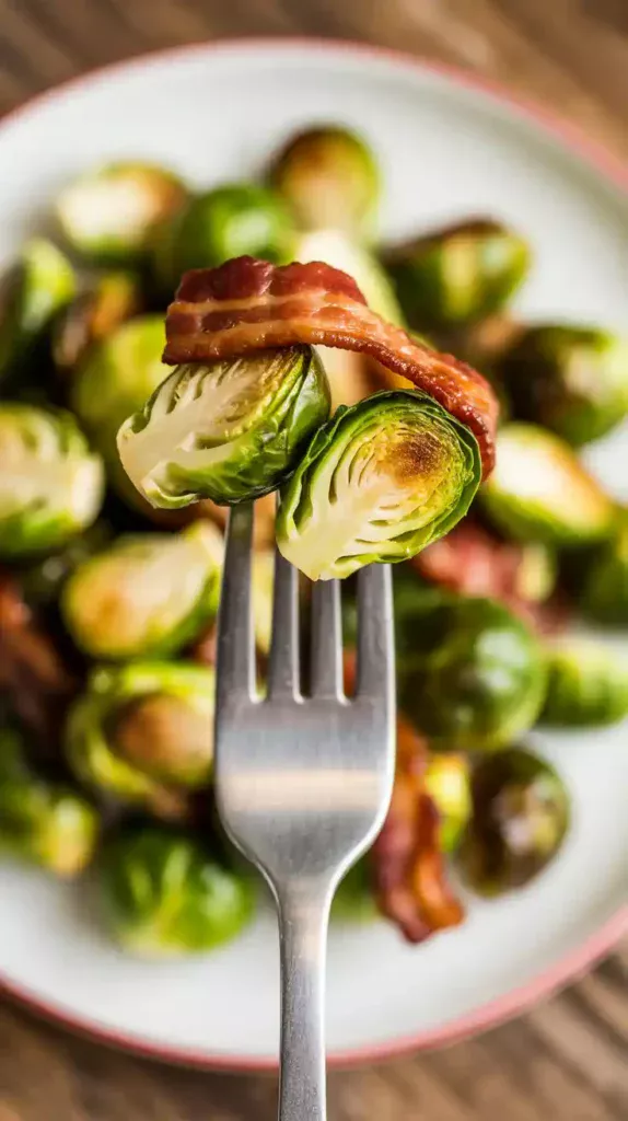 A close-up, appetizing shot of a forkful of air-fried brussel sprouts. The sprouts are glistening with a dark balsamic glaze, and a crispy piece of bacon is visible in the mix. The background is a soft-focus plate of more sprouts, making the forkful the hero.