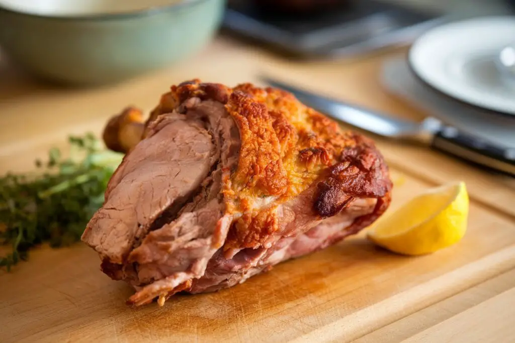 Roasted pork knuckle with crispy, golden-brown skin on a cutting board.