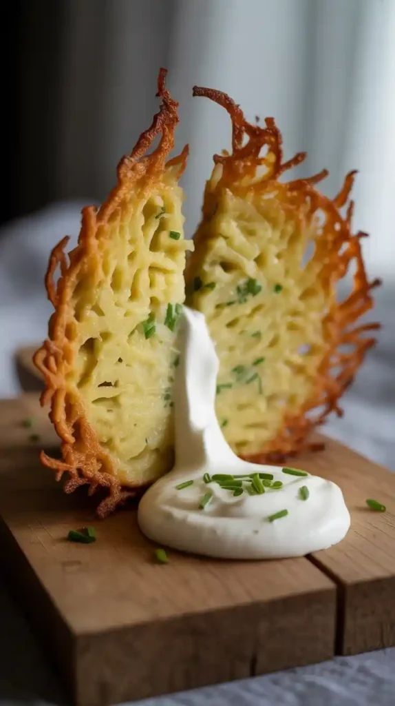 A close-up photo of a crispy potato pancake being broken in half to show the lacy edges and tender inside.