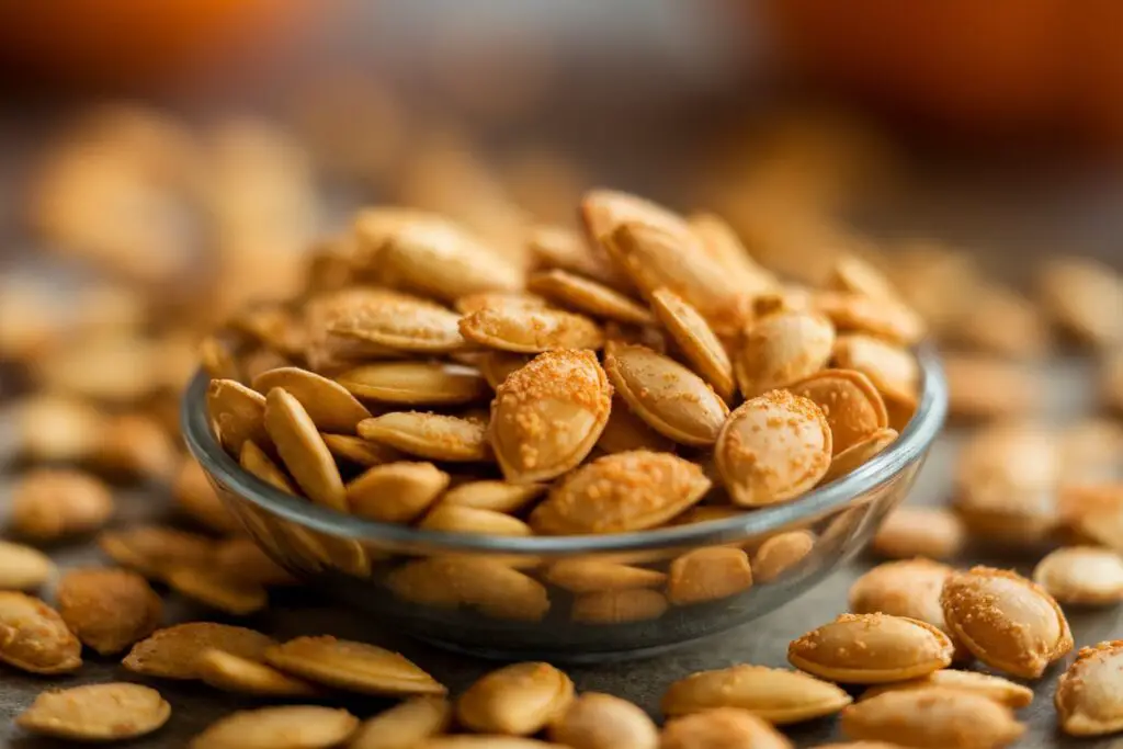 A handful of golden-brown, crispy roasted pumpkin seeds.