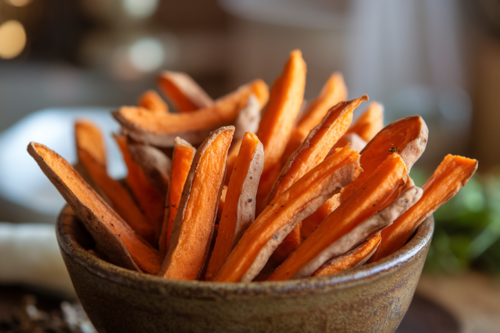 A bowl of perfectly cooked, crispy air fryer sweet potato fries.
