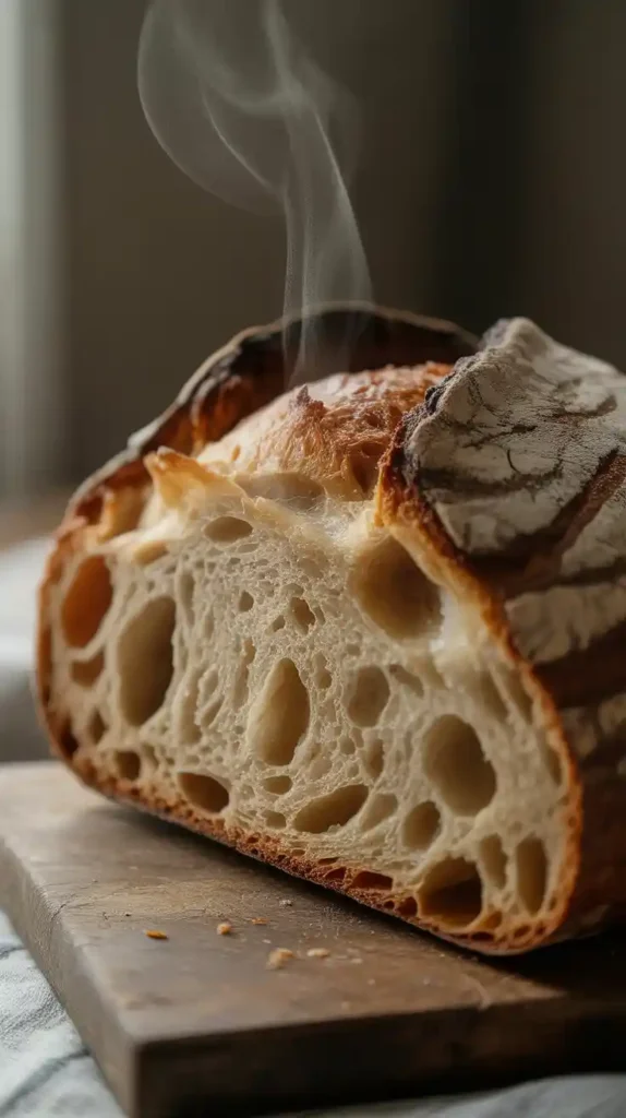 A close-up of a sliced sourdough loaf, showing the beautiful, open, and airy crumb structure of the interior."