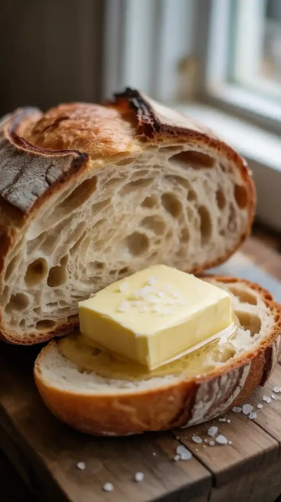 A close-up of a thick, warm slice of homemade bread, showing the airy crumb with a pat of salted butter melting on top."