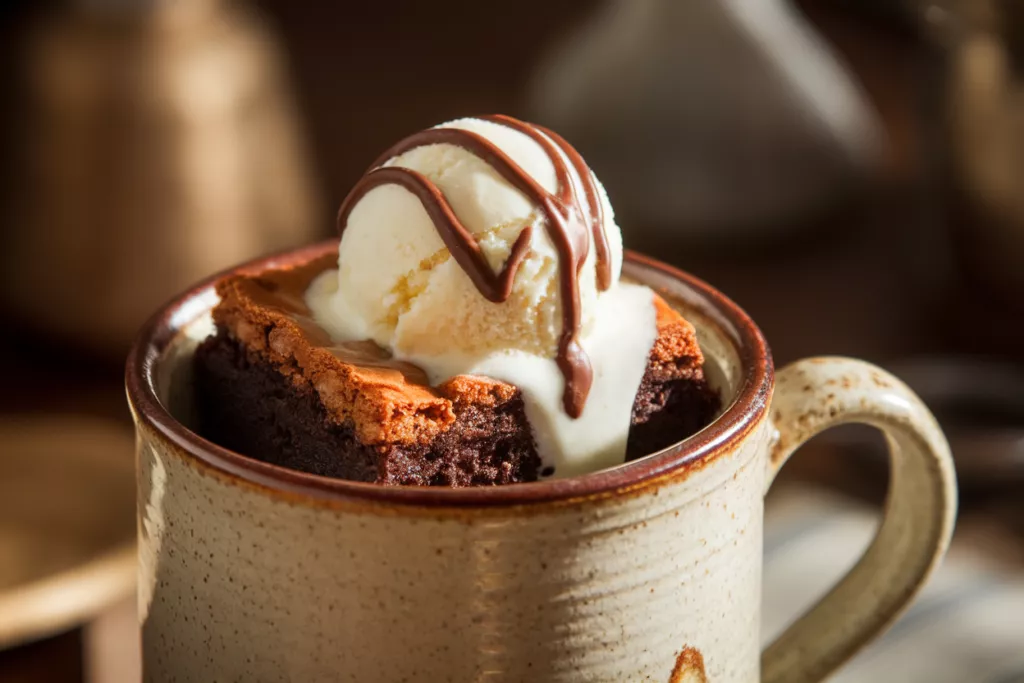 Decadent brownie in a mug with ice cream