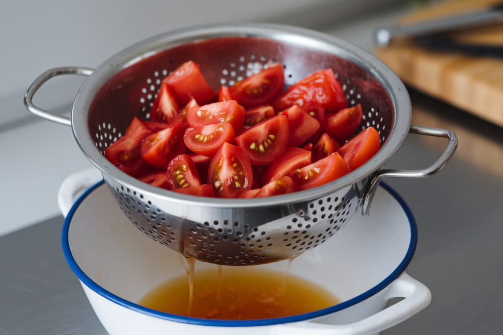 Diced tomatoes with seeds removed, draining in a colander to prevent watery dip.