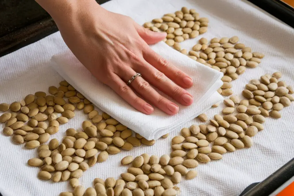 Dried pumpkin seeds spread on a paper towel, being patted dry by hand.
