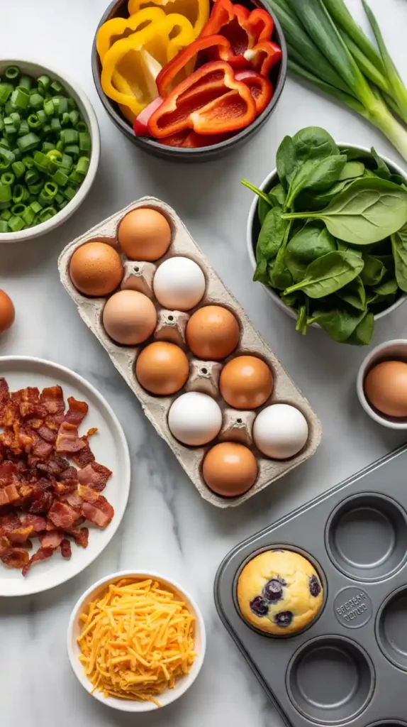 A flat lay of fresh ingredients for making muffin tin eggs, including eggs, chopped vegetables, bacon, and cheese.