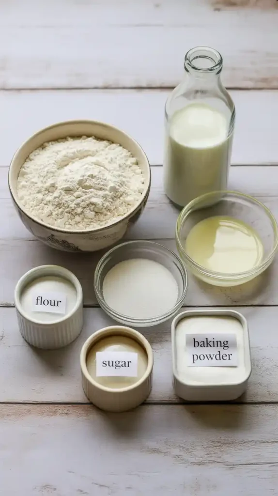 A flat lay of ingredients for eggless pancakes, including flour, milk, sugar, and vinegar, with no eggs in the shot.