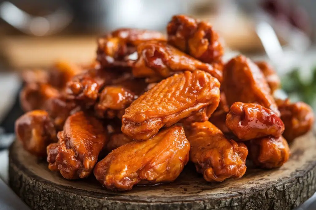 A pile of crispy, golden-brown air-fried chicken wings on a serving platter, some sauced.