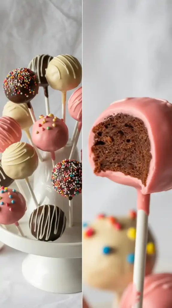 Two images of finished cake pops. One shows a collection of decorated pops in a stand, and the other is a close-up revealing the cake texture inside.