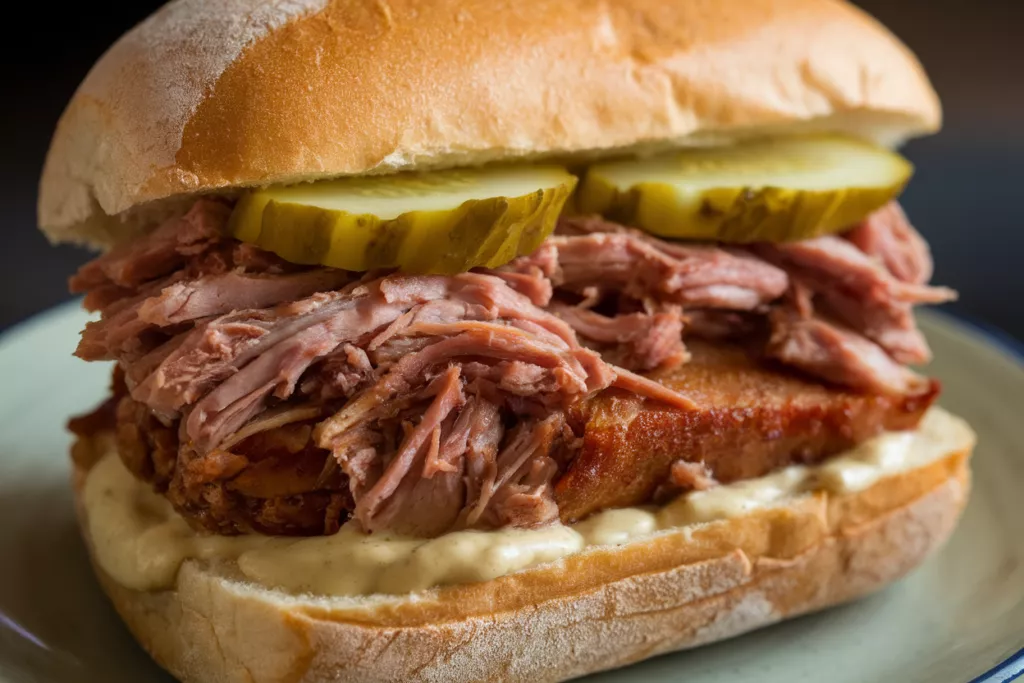 A hearty, fully assembled pork knuckle sandwich on a plate with pickles.
