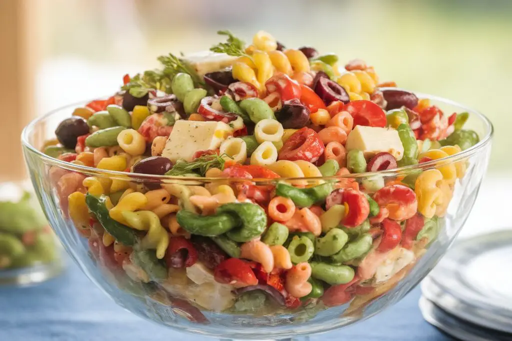  A vibrant and perfectly chilled tri color pasta salad in a large serving bowl.