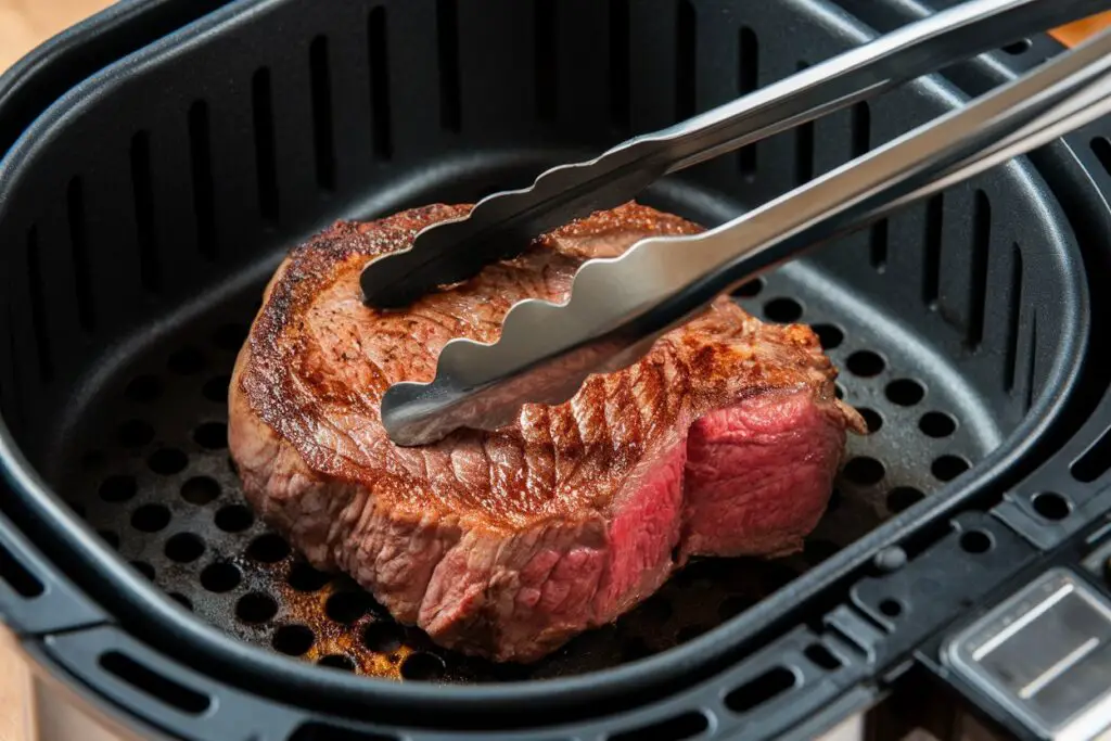 A steak being flipped in an air fryer basket, revealing a perfectly seared side.