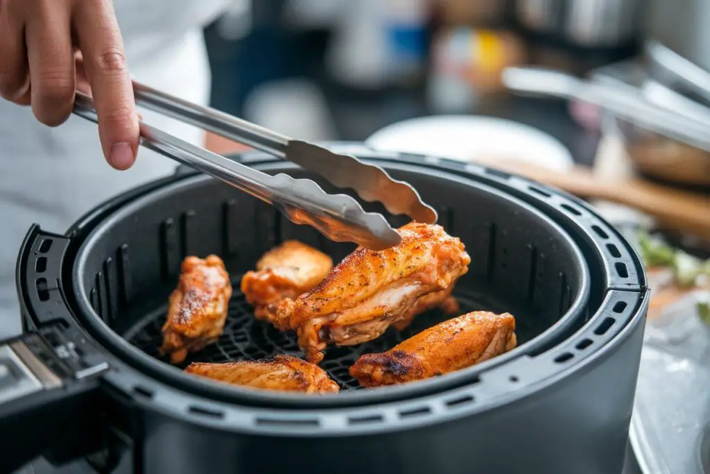 Chicken wings being flipped in an air fryer basket, revealing a browned, crispy side