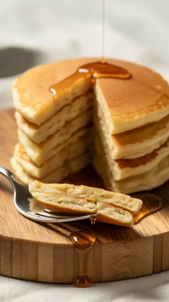 A close-up photo of a stack of eggless pancakes, with one cut open to show the light and fluffy texture inside.
