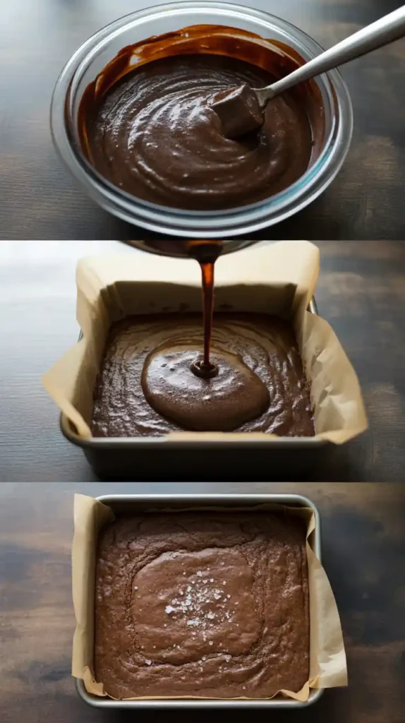 A collage showing the process of making fudgy brownies: the glossy batter in a bowl, the batter in the pan, and the final baked brownies with a crackly top.