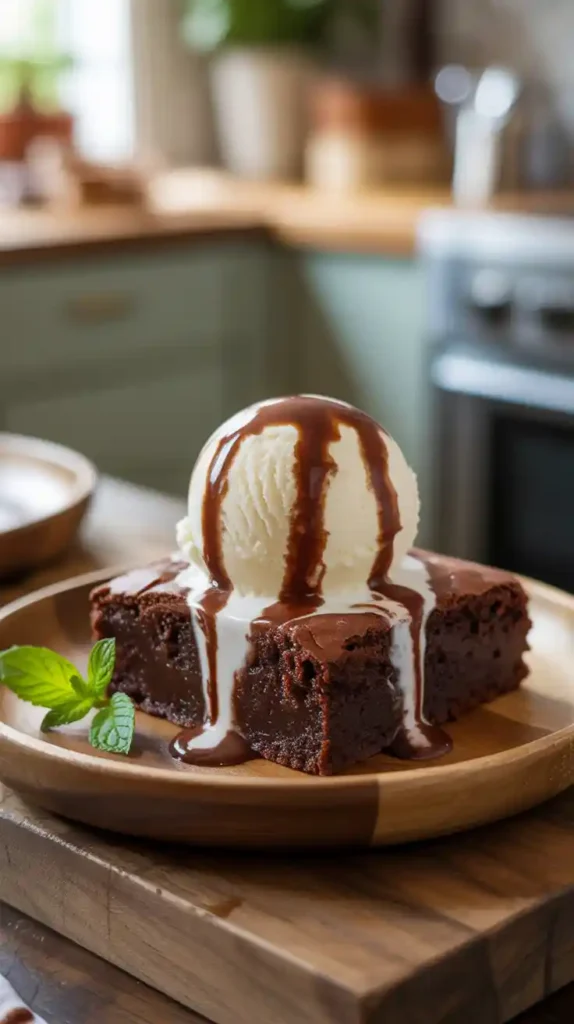 "A decadent microwave brownie topped with a scoop of melting vanilla ice cream and a drizzle of chocolate sauce."