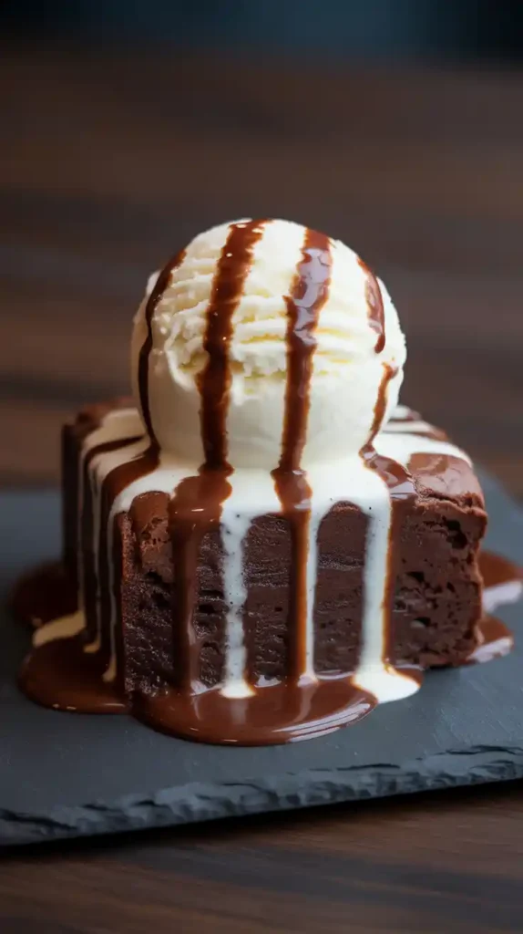 A decadent mug brownie topped with a scoop of melting vanilla ice cream and a drizzle of chocolate sauce."