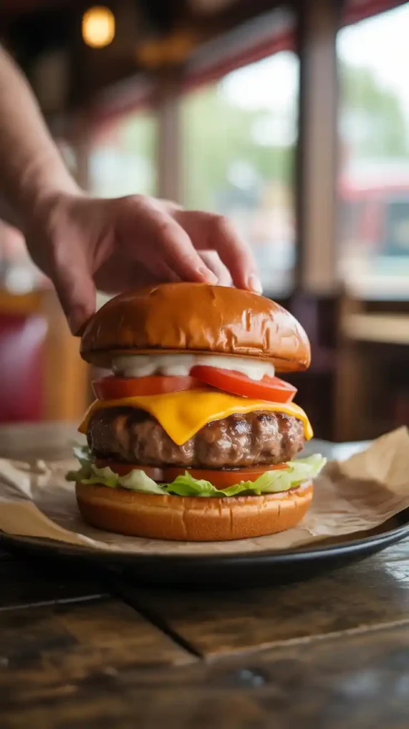 "A close-up of a hand holding a juicy cheeseburger on a perfect, soft yet sturdy homemade brioche bun."