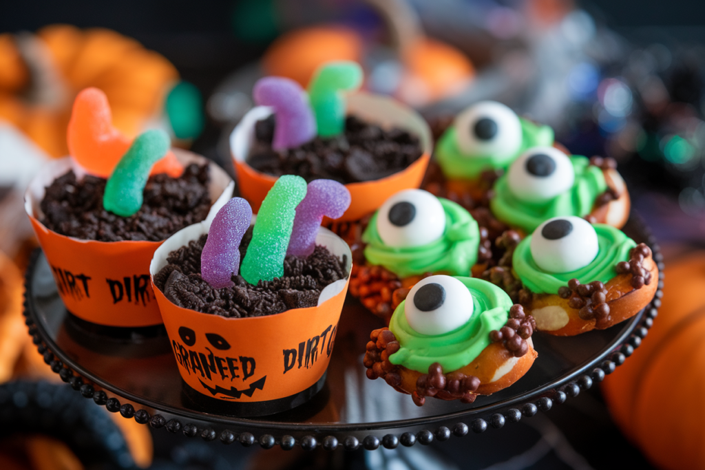 A platter of "graveyard dirt cups" and "monster eye pretzel bites" for a Halloween party.