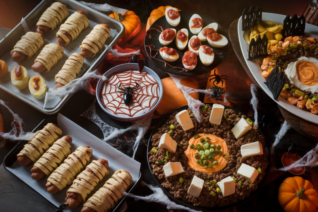 A buffet table filled with various spooky and fun Halloween party food dishes.