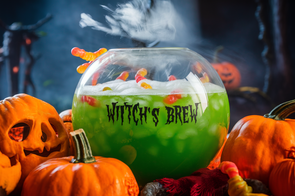 A spooky green punch bowl with dry ice effect and gummy worms for a Halloween party. 
