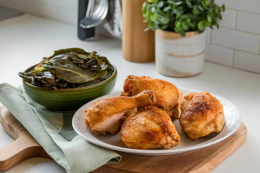 Healthy baked fried chicken with sautéed collard greens on a plate.