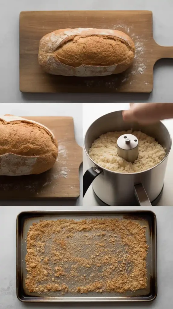 A collage showing the process of making homemade bread crumbs: the stale bread, the bread in a food processor, and the toasted crumbs on a baking sheet.