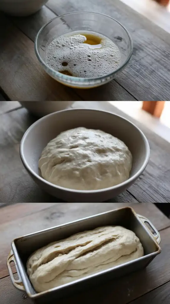 A collage showing the process of making bread: activating the yeast, the risen dough in a bowl, and the final proof in a loaf pan.