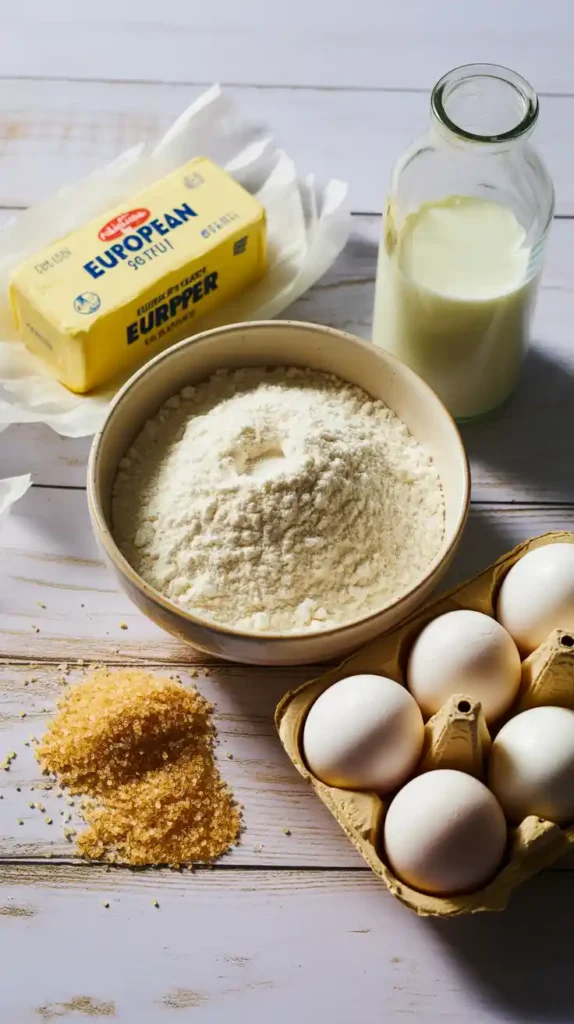  A flat lay of ingredients for a homemade cake, including flour, butter, sugar, eggs, and milk, arranged neatly on a wooden surface.