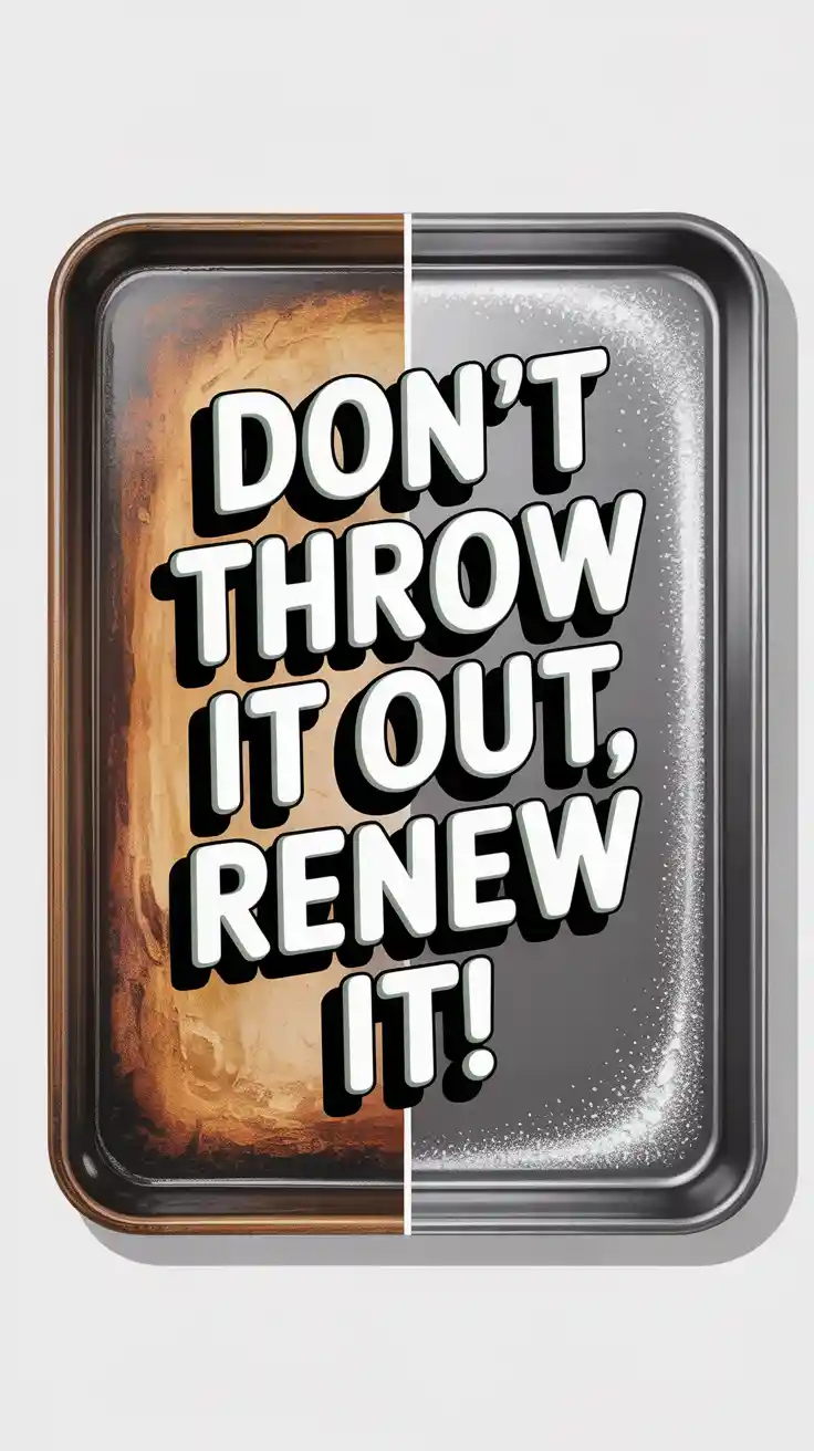 A Pinterest pin with the text "Don't Throw It Out, RENEW It!" over a dramatic before-and-after image of a dirty and a clean baking sheet.