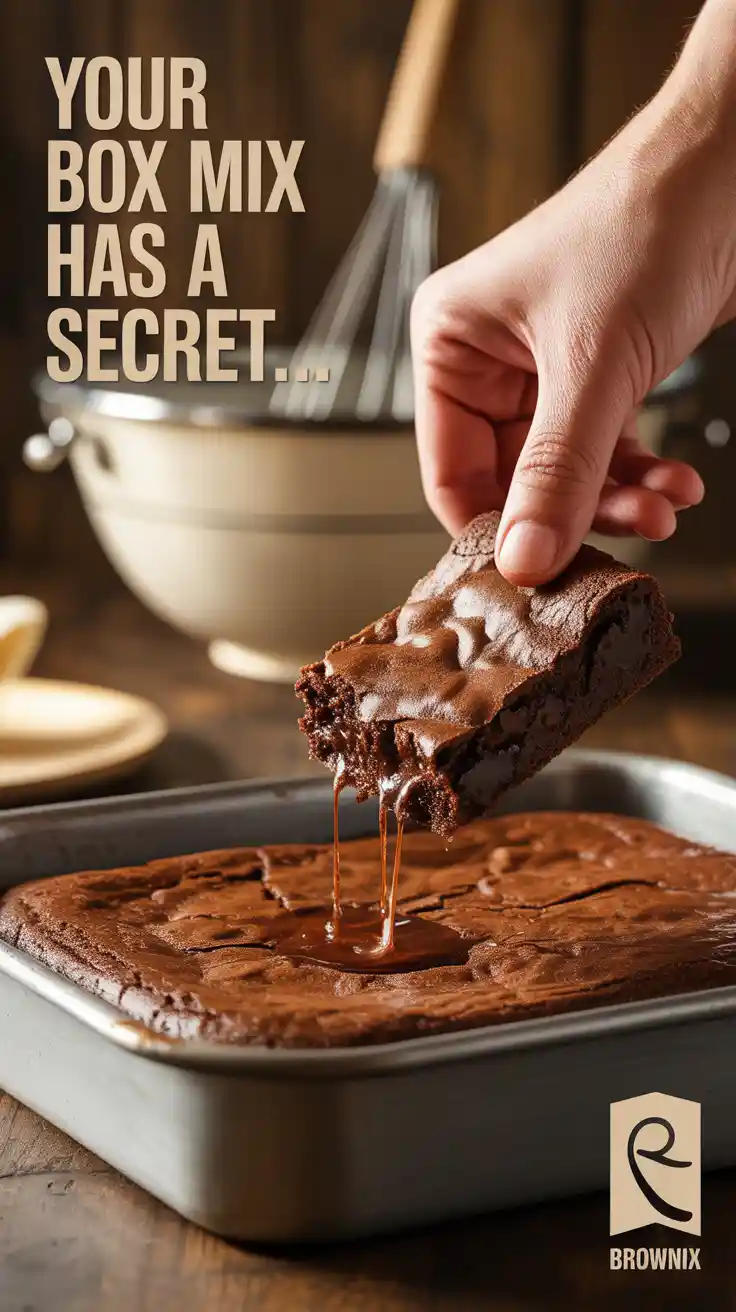 A Pinterest pin with the text "Your Box Mix Has a Secret..." over a photo of a hand lifting a perfect, fudgy brownie from a pan