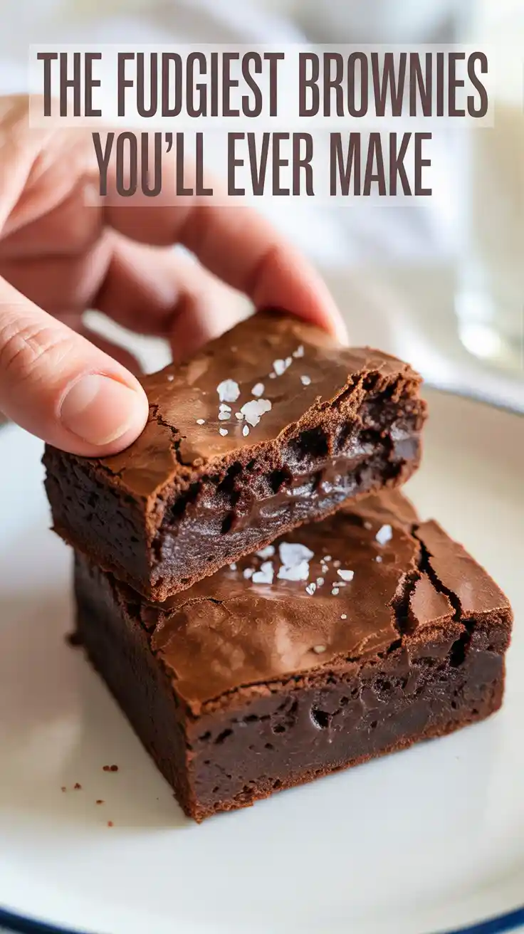 A Pinterest pin with the text "The Fudgiest Brownies You'll Ever Make" over a photo of a hand breaking a gooey brownie in half.