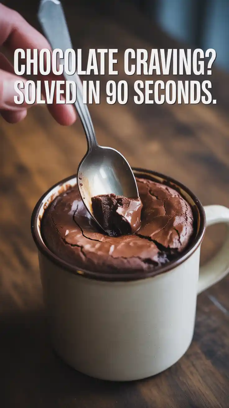 A Pinterest pin with the text "CHOCOLATE CRAVING? Solved in 90 Seconds." over a photo of a delicious, fudgy brownie in a mug.
