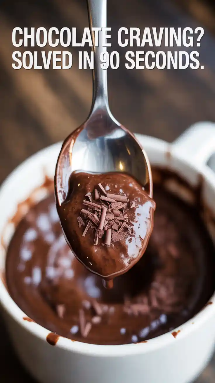 A Pinterest pin with the text "CHOCOLATE CRAVING? Solved in 90 Seconds." over a photo of a delicious, fudgy brownie in a mug.